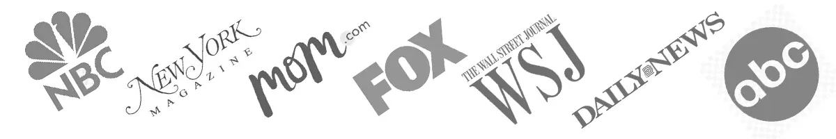 Logos of various media outlets, including NBC, New York Magazine, mom.com, FOX, The Wall Street Journal (WSJ), Daily News, and ABC, arranged diagonally across the image on a crisp white background that feels just like home.