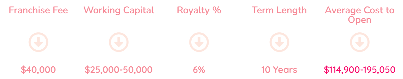 A chart outlines franchise cost details and steps to ownership. Categories include Franchise Fee ($40,000), Working Capital ($25,000-$50,000), Royalty Percentage (6%), Term Length (10 Years), and Average Cost to Open ($114,900-$195,050). All text is in light red on a white background.